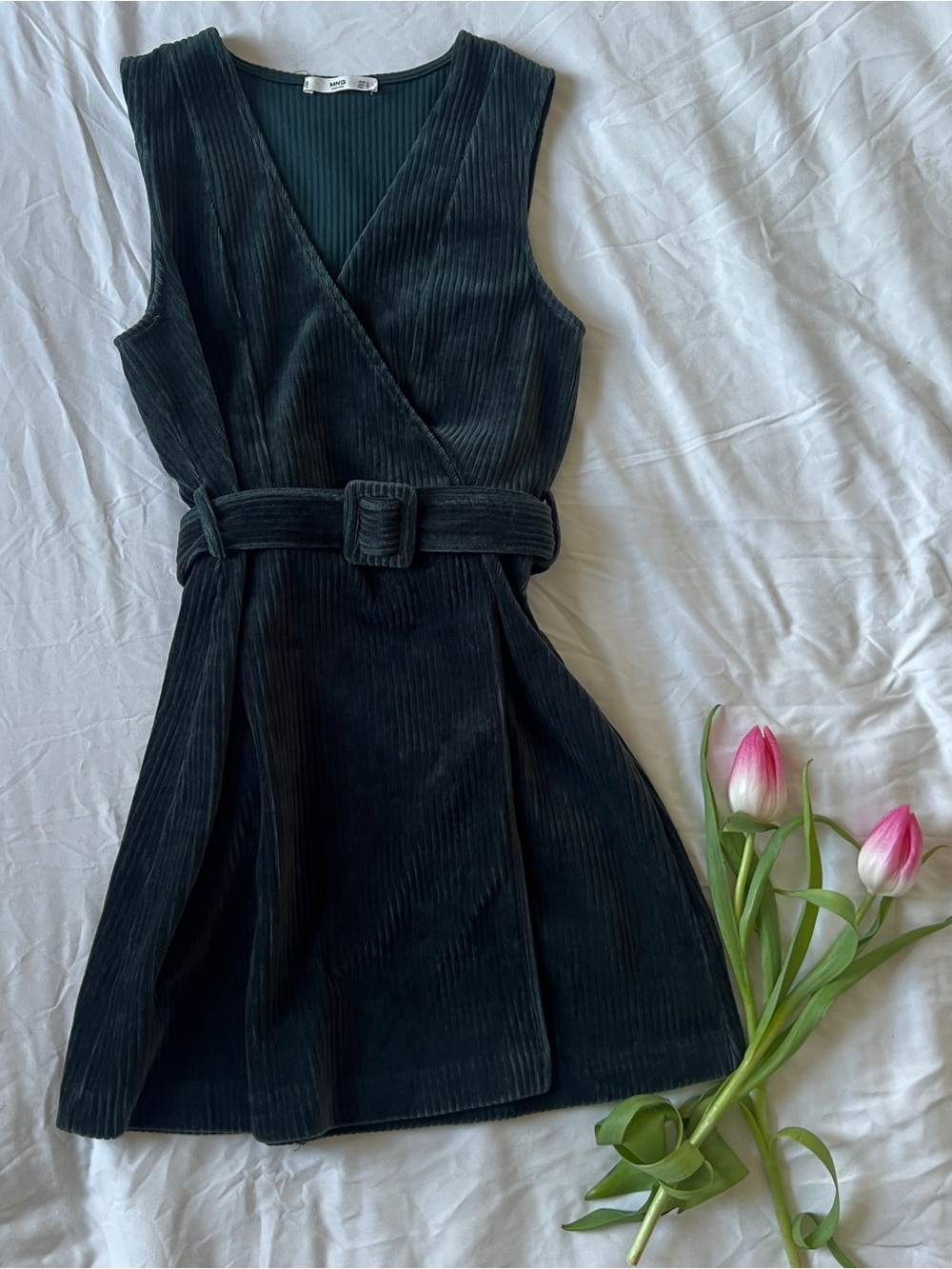 Forest Green Cord Belted Wrap Dress